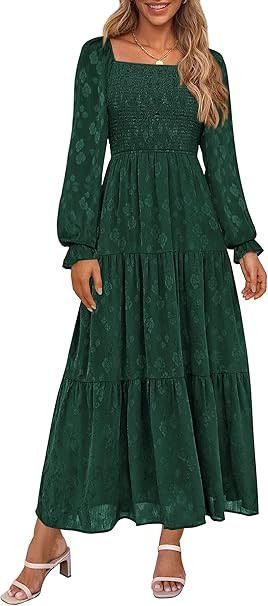 PRETTYGARDEN Fall Wedding Guest Dresses for Women 2025 Floral Long Sleeve Smocked Tiered Elegant ... | Amazon (US)
