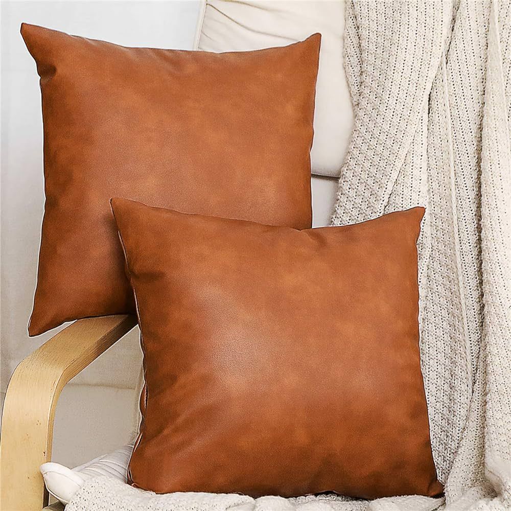 SEEKSEE Brown Faux Leather Accent Throw Pillow Cover 18x18 inch, 2-Pack Modern Country Farmhouse ... | Amazon (US)