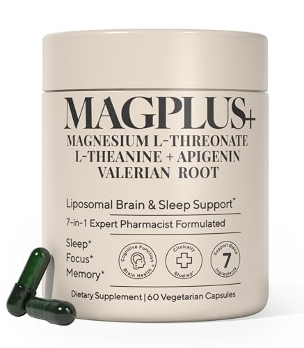 MAGPLUS+ Magnesium L-Threonate w Apigenin & L Theanine, 1500mg 7-Ingredient Sleep Blend - Brain & Memory Support - Liposomal Magnesium Threonate Supplement - Capsules Supports Health, Rest & Mood | Amazon (US)