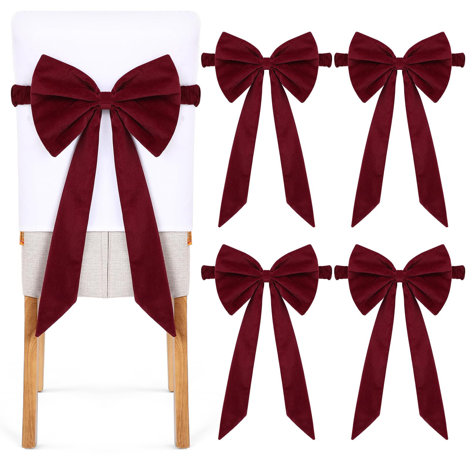Newwiee Set of 4 Christmas Burgundy Velvet Chair Sashes, Sashes Chair Bows Tie Back for Christmas Banquet Home Wedding Events Banquets Party Decoration 11.8 x 5.9 Inch | Amazon (US)