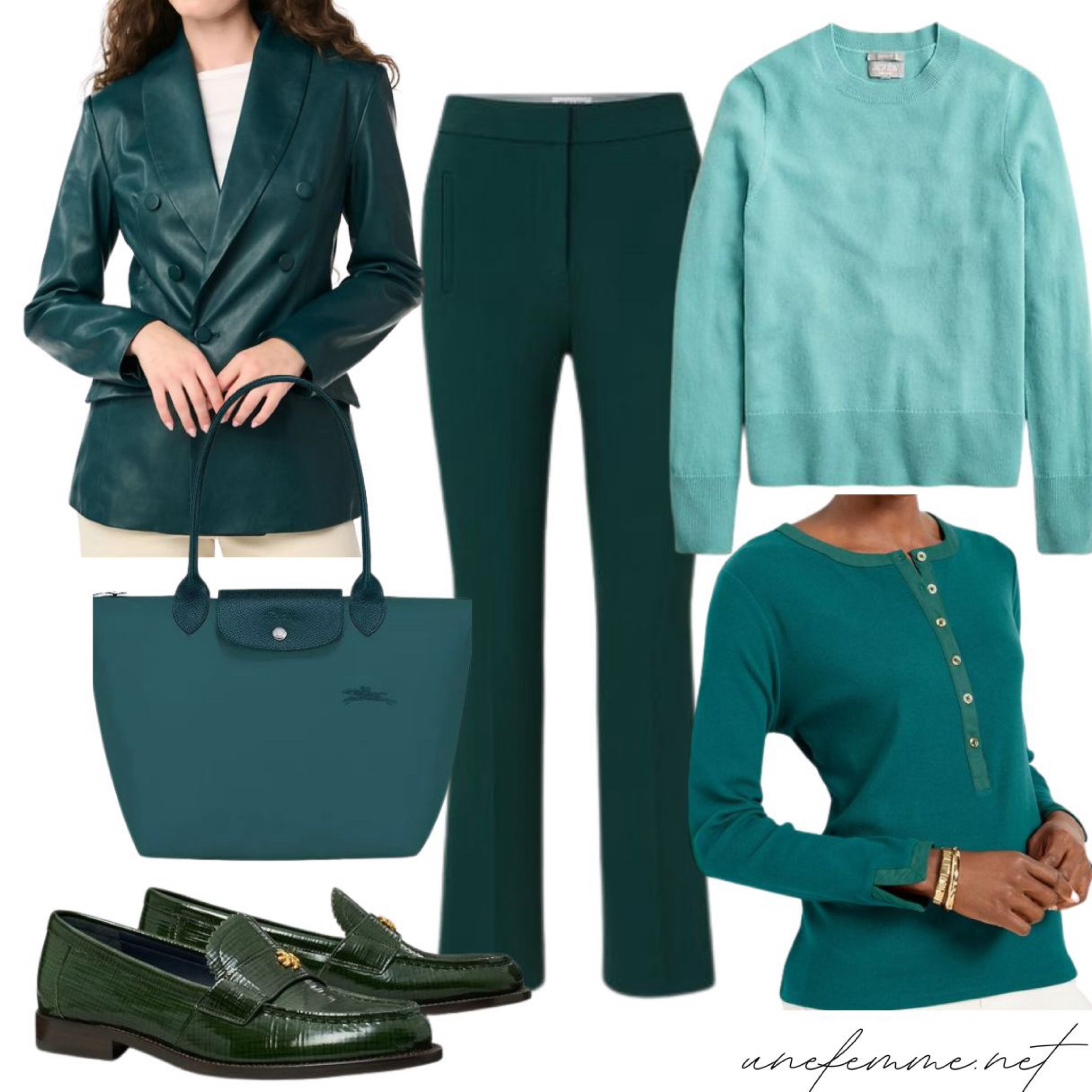 Fall color trends: deep greens and teal. Faux leather blazer, cashmere sweater, nylon tote, classic loafers, Henley tee  

#LTKOver40 #LTKSeasonal #LTKStyleTip