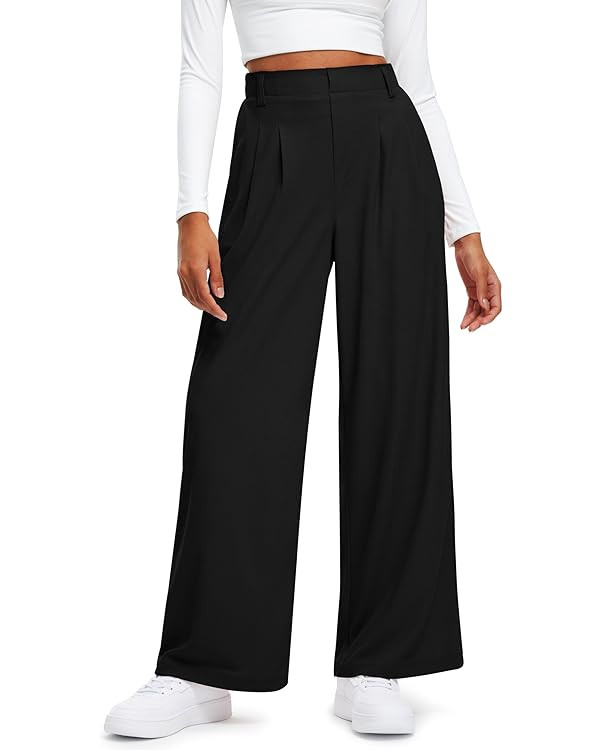 Libin Women's Wide Leg Pants 27"/29" High Waisted Waffle Knit Casual Slacks Work Pants Business P... | Amazon (US)