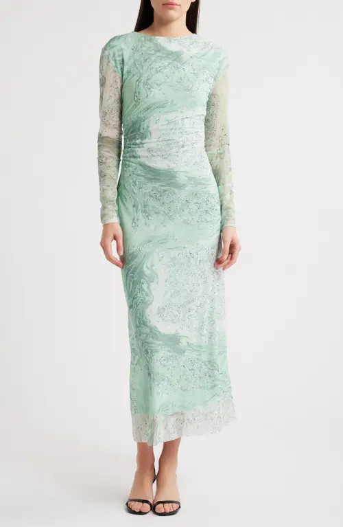 & Other Stories Abstract Print Long Sleeve Mesh Dress in Green Medium Dusty at Nordstrom, Size X-Small | Nordstrom
