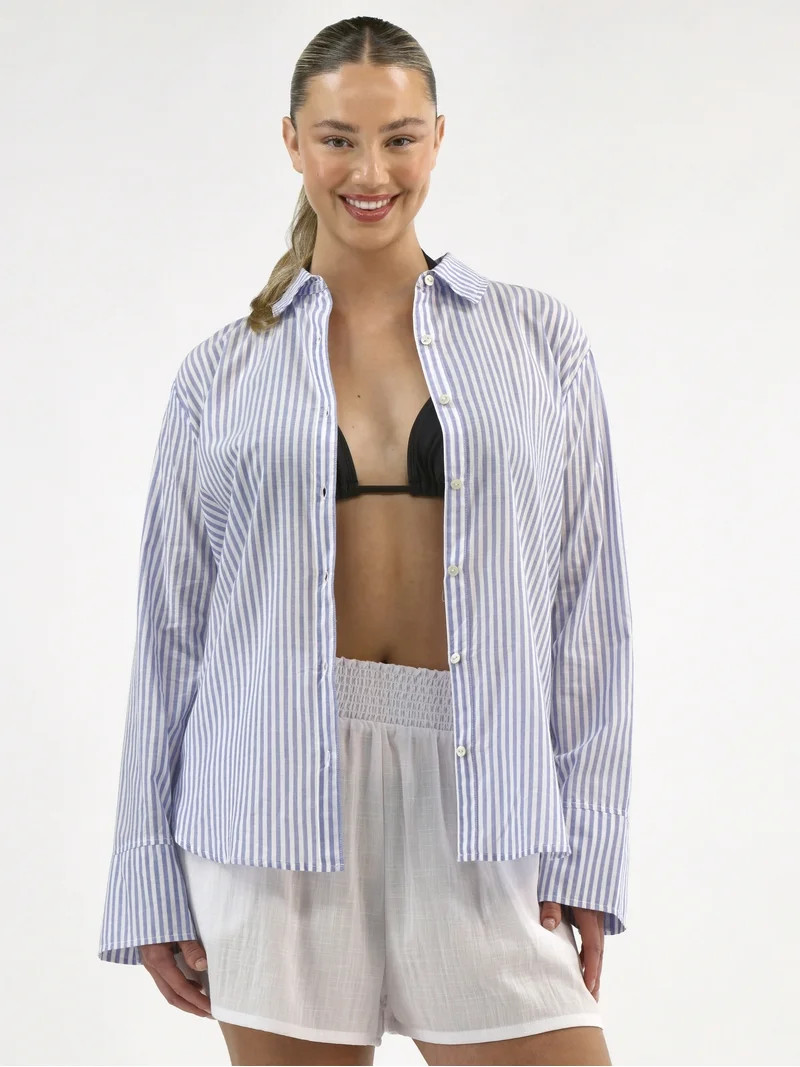 Free Assembly Women's Striped Cotton Coverup Tunic Shirt, Sizes XXS-XXL | Walmart (US)