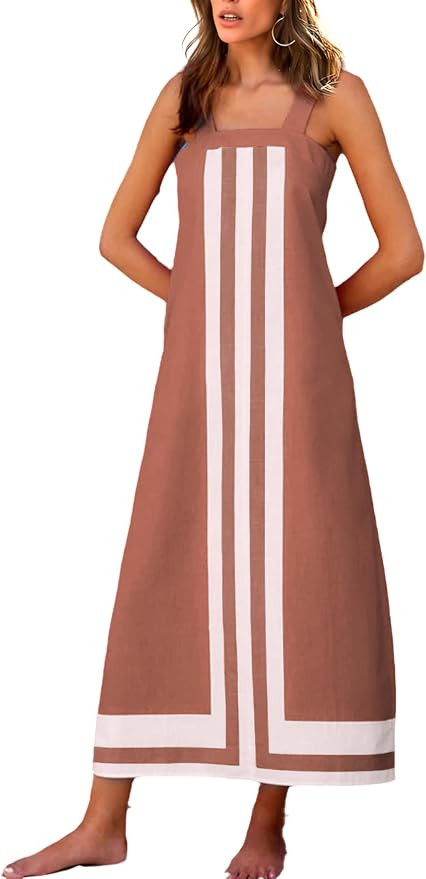 Fiona Jolin Vestido largo de verano para mujer, estilo bohemio, a rayas, con tirantes para el hom... | Amazon (US)