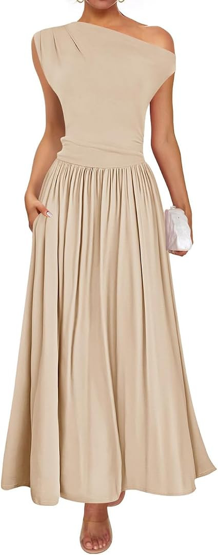 ZESICA Women's Summer 2026 Sleeveless Maxi Dress One Shoulder Casual Slim Swing Pleated Formal Dr... | Amazon (US)
