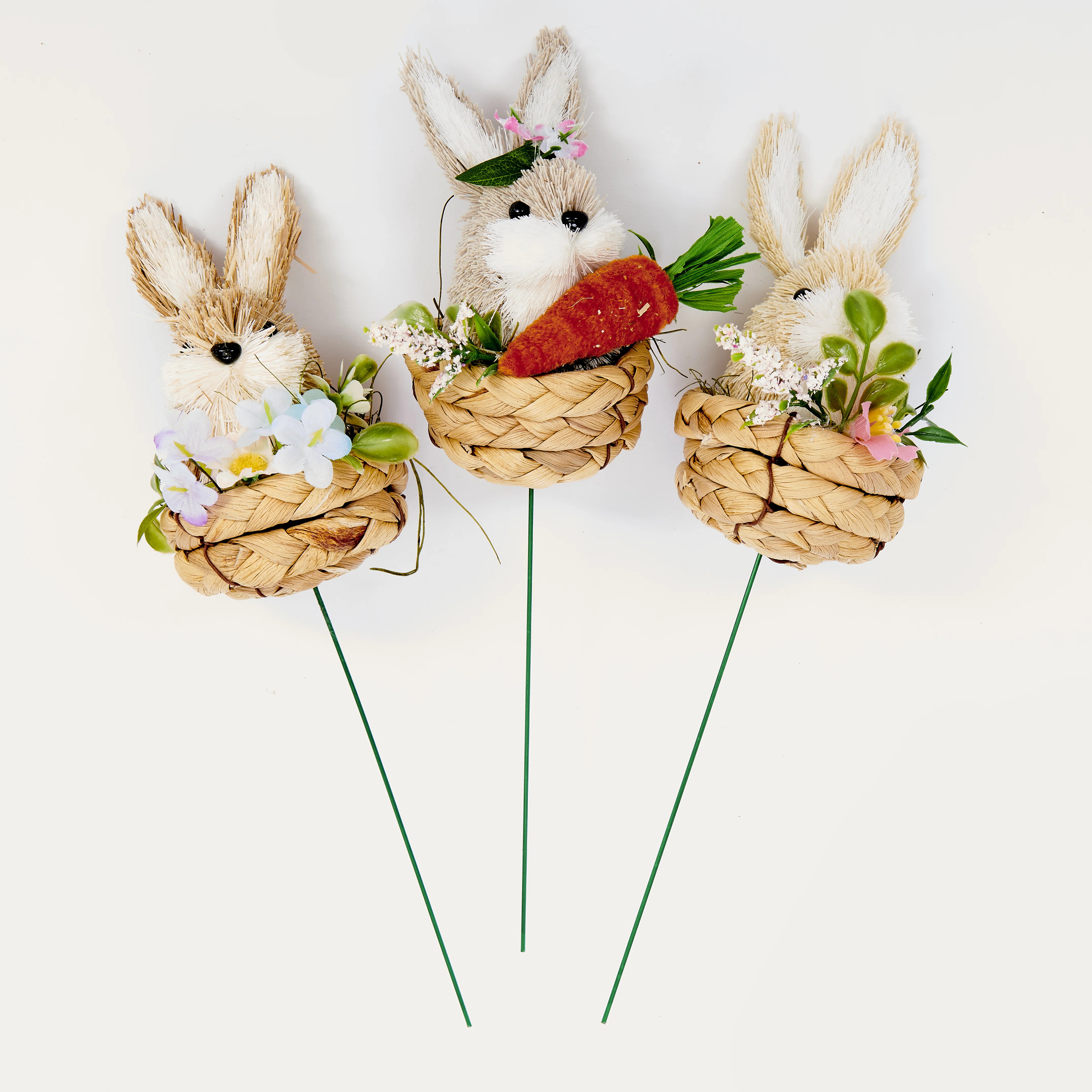 4" Easter Sisal Bunny in Basket on 5.5" Wire Pick, Set of 3 | Wayfair North America