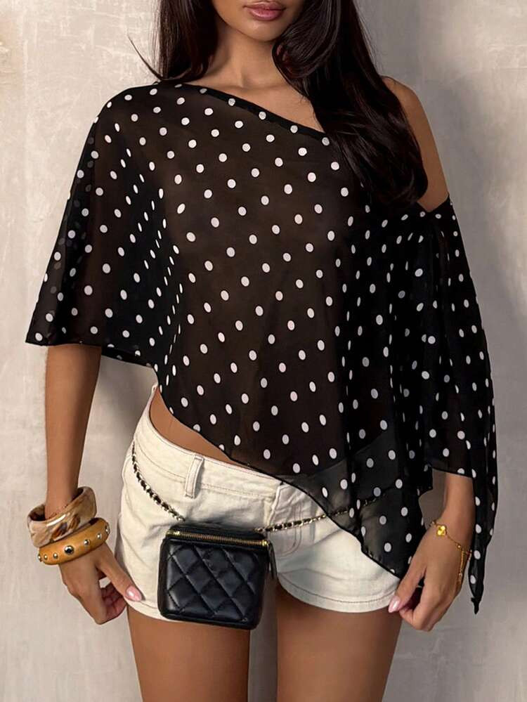 TRNVIE Black Polka Dot Asymmetric Shoulder Mesh Blouse For Women, Spring/Summer Polkadot Top Women Summer Blouse Top Short Sleeve Top Chic Top Summer Tops | SHEIN