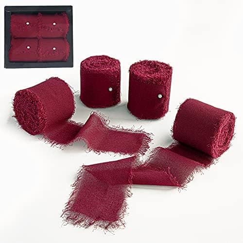 Burgundy Chiffon Ribbon Fringe Handmade Chiffon Silk-Like Ribbons 1-3/4" x 7Yd, 4 Rolls Ribbons f... | Amazon (US)