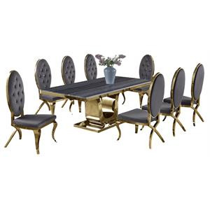 Gray Marble Dining Set with Gold Stainless Steel and Gray Velvet Chairs | Cymax