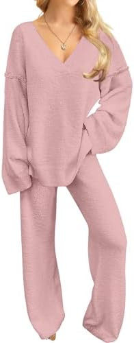 NORACORA Womens 2 Piece Fuzzy Fleece Lounge Sets Long Sleeve V Neck Pajama Set Fluffy Pjs Matchin... | Amazon (US)