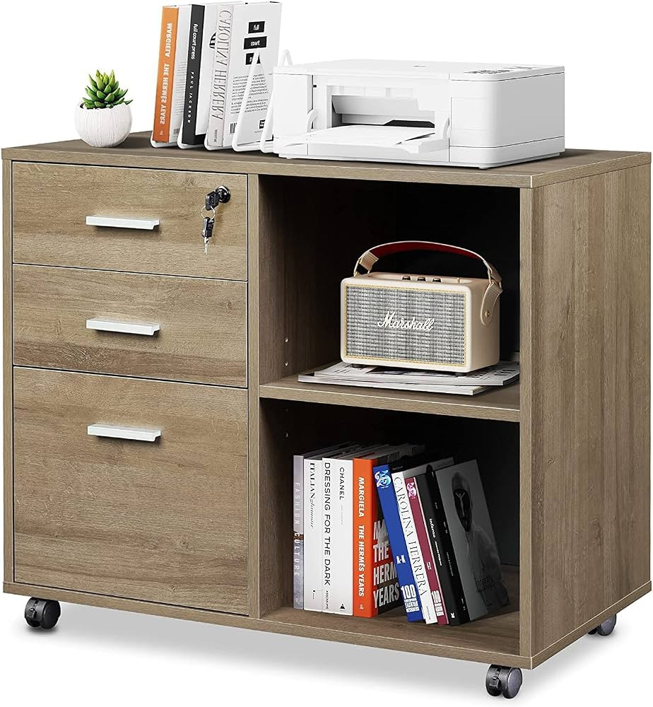 DEVAISE 3-Drawer Wood File Cabinet with Lock, Mobile Lateral Filing Cabinet, Printer Stand with O... | Amazon (US)