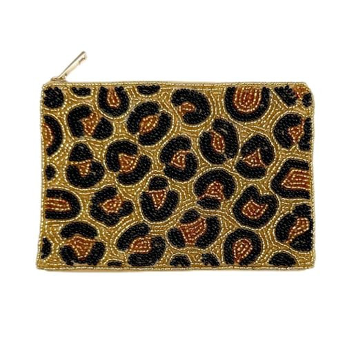 Pretty Robes Pearl Beaded Coin Purse Handmade with Colorful Designs Savings Bag Small Zipper Pouch for Cash Card & Makeup (Leopard Print) | Amazon (US)