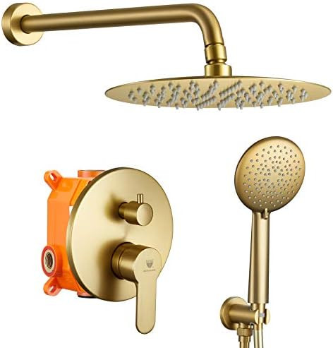 HIMK Brushed Gold Shower System,10 Inches Bathroom Luxury Stainless Steel Rain Shower Head with Hand | Amazon (US)