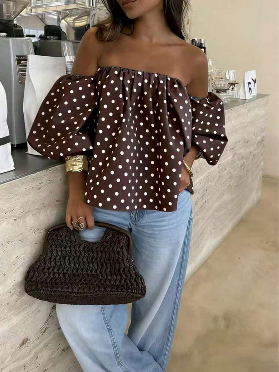 Women's Polka Dot Contrast Color Pleated Off-Shoulder Top, Suitable For Beach And Daily Wear, Spr... | SHEIN