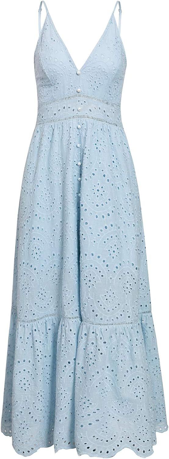 BerryGo Women's Embroidery Pearl Button Down Dress V Neck Spaghetti Strap Maxi Dress | Amazon (US)