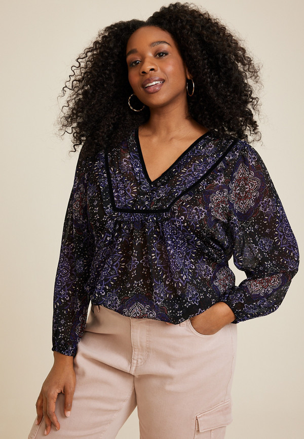 Plus Size Velvet Trim Peasant Blouse | Maurices