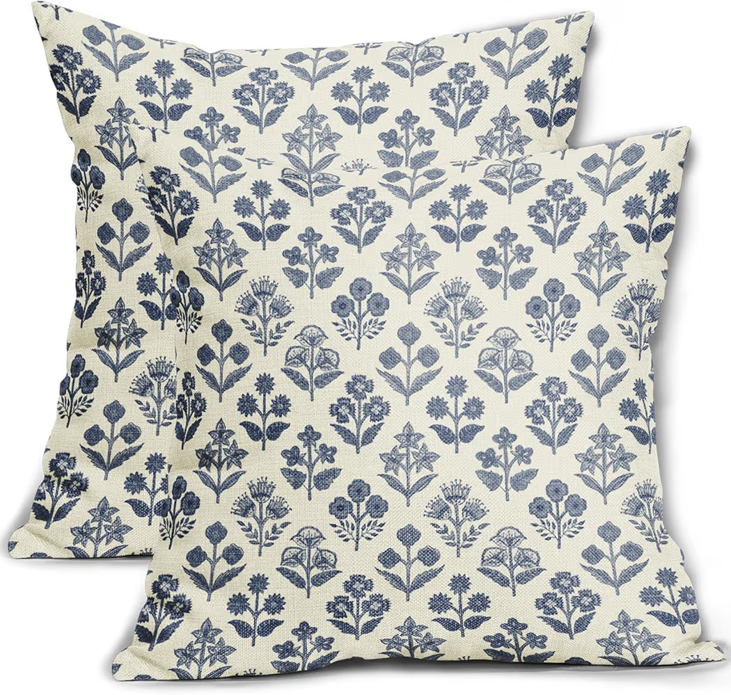 Blue Grey Gray Floral Block Print Pillow Covers 20x20 Inch Set of 2, Vintage Flower Pattern Decor... | Amazon (US)
