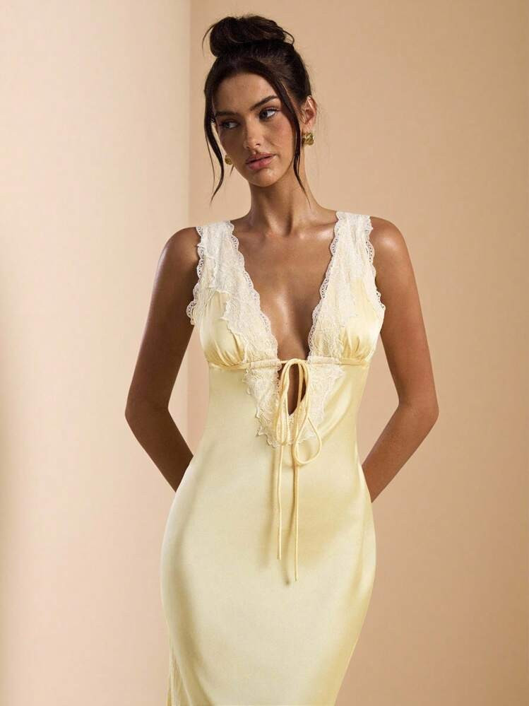 SHEIN BAE Solid Yellow Sexy Simple Elegant Deep V-Neck Tie-Up Lace Patchwork Satin Faux Silk Maxi Dress For Women, Suitable For Valentine's Day, Party, Music Festival, Bridesmaid, Prom, Vacation Party Dresses For Women Summer Dresses For Women,Bodycon Dress,Valentine's Day,Valentine Outfits For Women | SHEIN