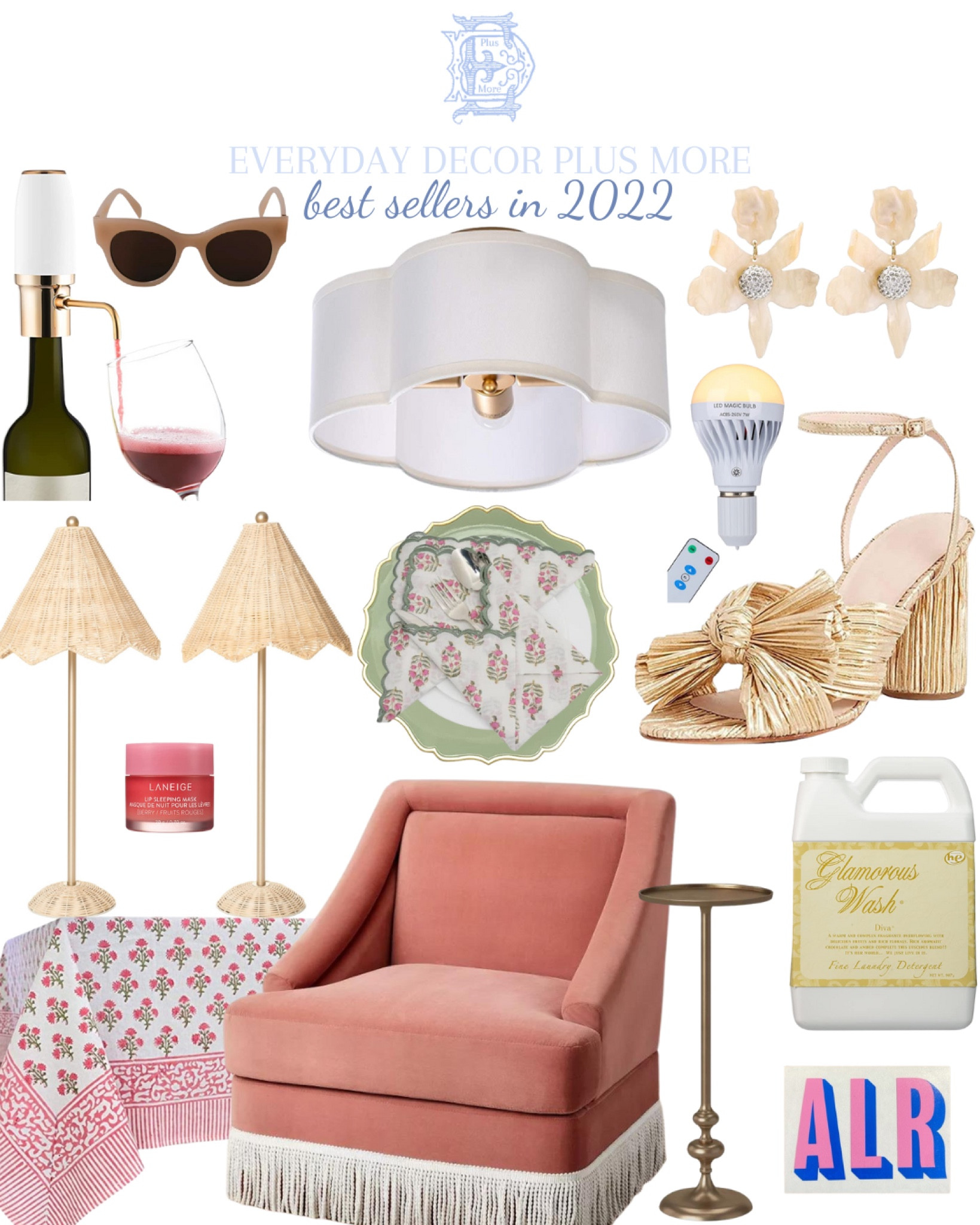 Best sellers from 2022!!!! Amazon finds. LTK best sellers. Affordable finds. Budget friendly decor. Budget luxury. Life hacks. Everyday decor plus more. Lighting. Affordable furniture. Affordable decor. Accent pieces. Necessities. Battery operated lights. Block print tablecloths. Block print napkins. Fringe accent chair. Monogram decal. Gold side table. Brass end table. Gold cocktail table. Scallop rattan lamps. Wine aerator. Glamour wash. Bow heels. Affordable bow heels. Loeffler Randall look for less. 

#LTKunder50 #LTKhome #LTKsalealert