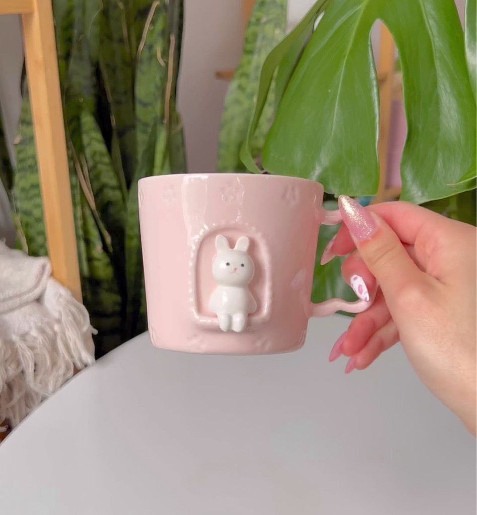 pink bunny mug with flower handle