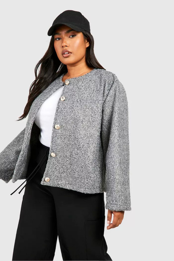 Plus Collarless Textured Jacket | boohoo (US & Canada)