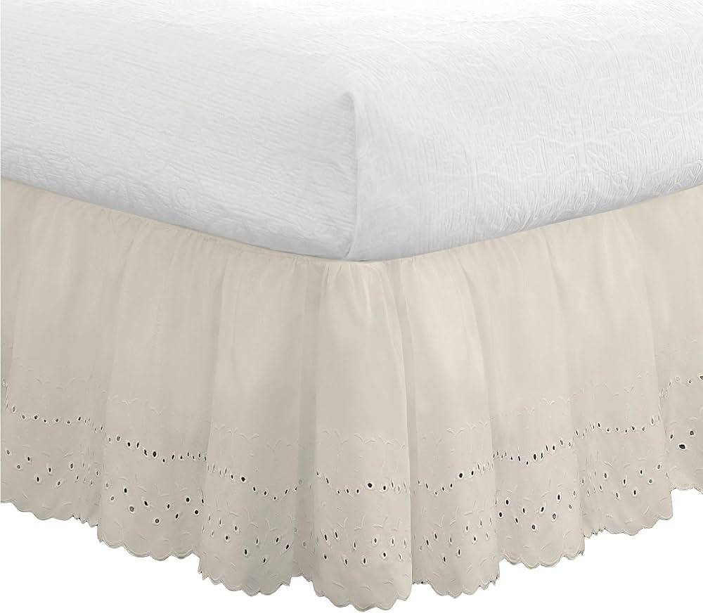 FRESH IDEAS Eyelet Bed Skirt Dust Ruffle Embroidered Details, Classic 14” Drop Length Gathered ... | Amazon (US)