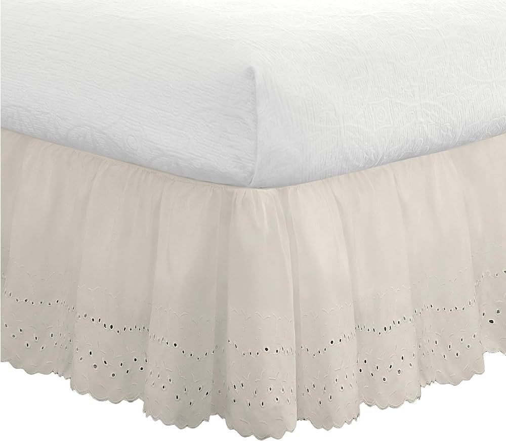 FRESH IDEAS Eyelet Bed Skirt Dust Ruffle Embroidered Details, Classic 14” drop length Gathered ... | Amazon (US)