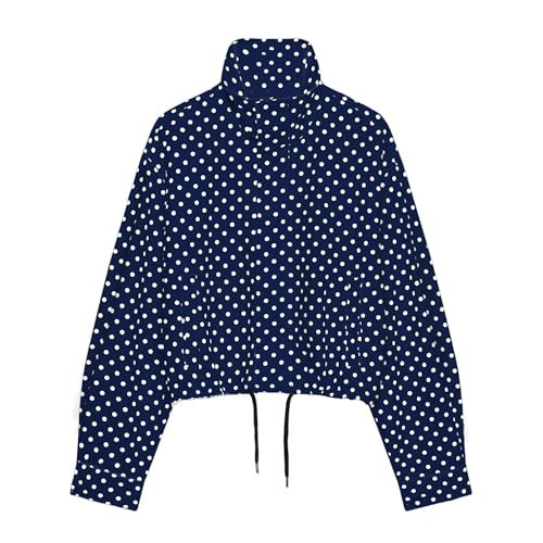 JoinQueen Women Polka Dot Jacket Stand Collar Cropped Jackets Zip Up Coat Casual Fashion Coat Fall Spring Jacket with Pockets(Blue,M) | Amazon (US)