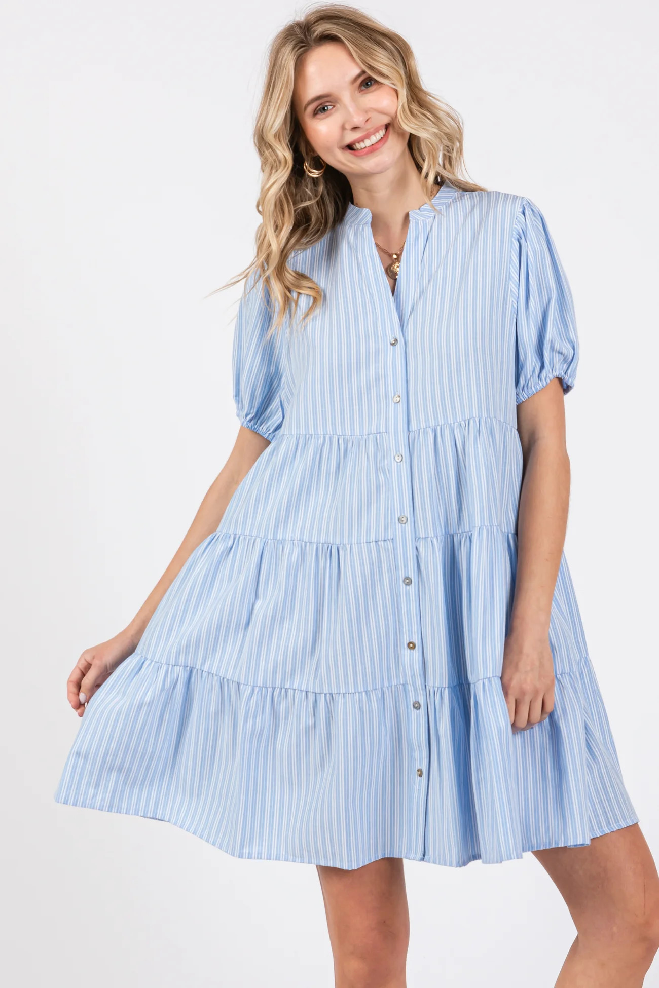 Blue Striped Button Down Tiered Dress | PinkBlush Maternity
