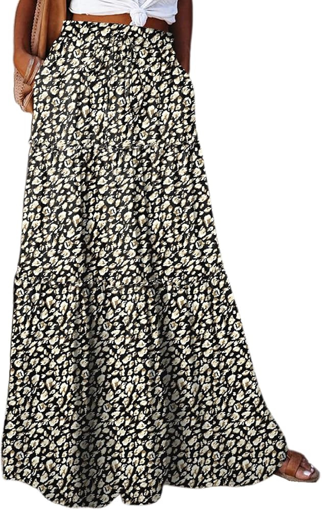 Happy Sailed Womens Floral Print Boho Maxi Skirt Elastic High Waist Pleated Ruffle Flowy Long Ski... | Amazon (US)