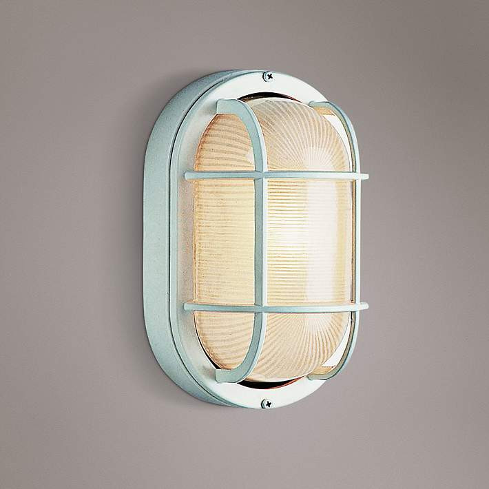 Bulkhead 8 1/2" High White Oval Grid Outdoor Wall Light | Lamps Plus