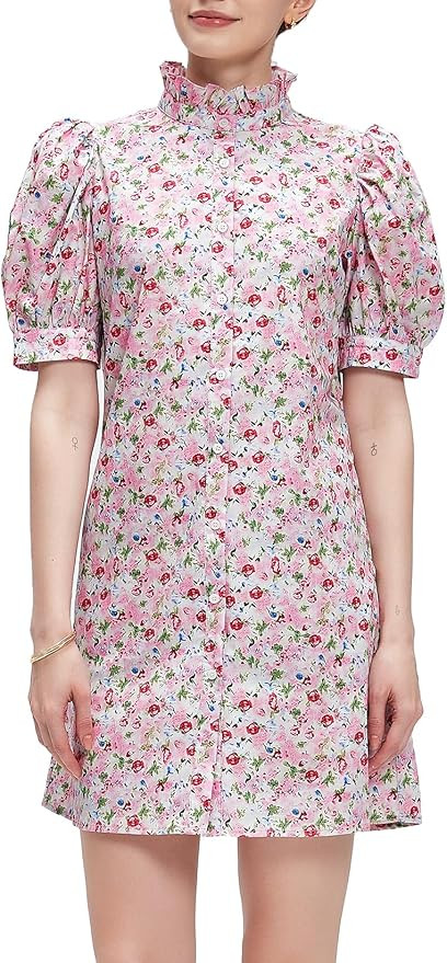 Ladyful Women's Summer Floral Dress Short Sleeve Button Down Shirt Mini Dress Ruffle Mock Neck Sh... | Amazon (US)