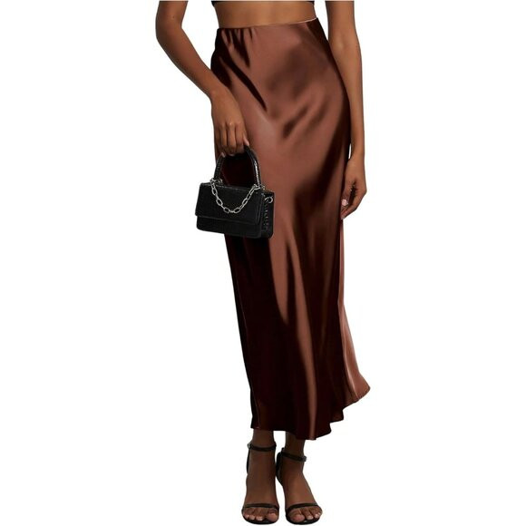 Women Chestnut Brown 100% Polyester Satin A Line Long Elegant Office Maxi Skirts | Poshmark