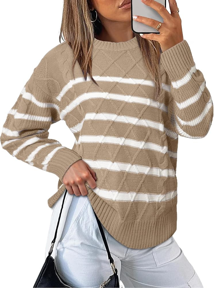 Glamaker Womens Striped Cable Knit Sweater Long Sleeve Crewneck Fall Pullover 2025 Trendy Winter ... | Amazon (US)
