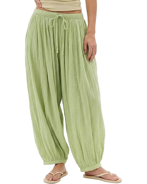 Jenkoon Womens Balloon Pants Summer Flowy Wide Leg Pants Cotton Drawstring Vacation Beach Pants | Amazon (US)