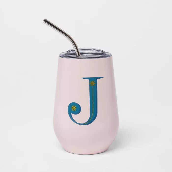12oz Wine Tumbler with Straw "J" Light Pink - Opalhouse™ | Target