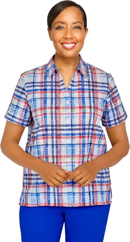 Alfred Dunner Women's Petite Patriotic Plaid Shirt | Amazon (US)