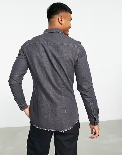 ASOS DESIGN skinny denim shirt with rips in washed black | ASOS (Global)