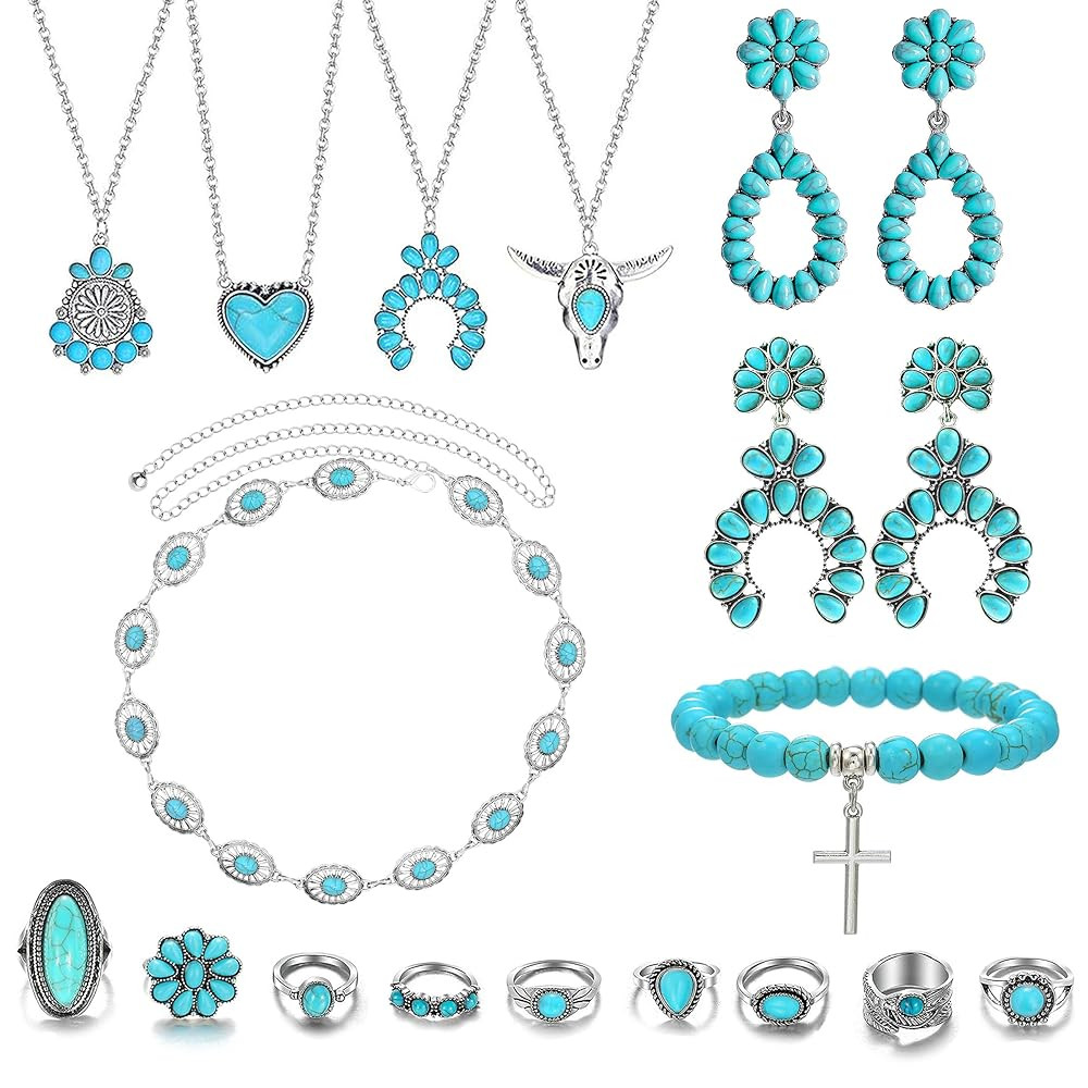 Western Turquoise Jewelry for Women Boho Rings Necklaces Bohemian Earrings Concho Belt Bracelets ... | Amazon (US)