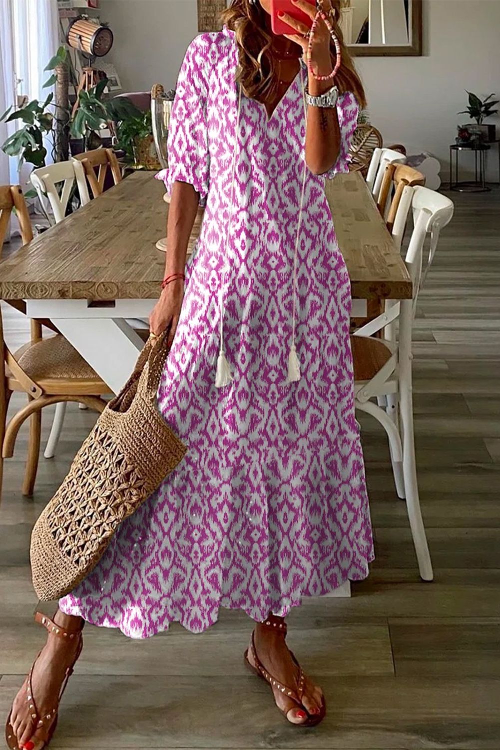 Pink Geometric Print Casual V Neck Maxi Dress | Shewin