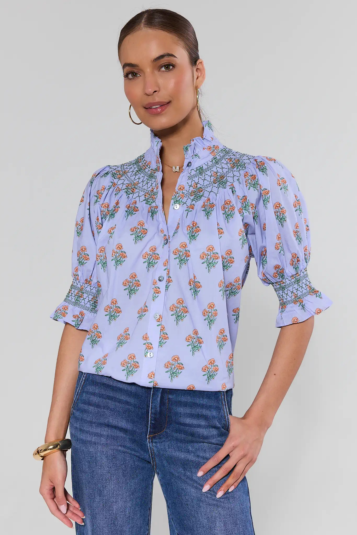 Adeline Blue Floral Print Smocked Top | Avara