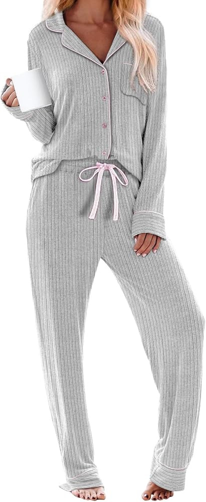 Women's Pajama Sets Long Sleeve Button Down Soft Knit Sleepwear Pjs 2 Piece Lounge Set | Amazon (US)