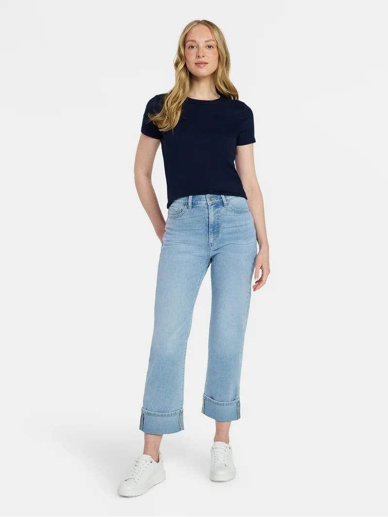 Time and Tru Women's High Rise Straight Leg Cuffed Jeans, 26.5" Inseam, Sizes 0-20 | Walmart (US)