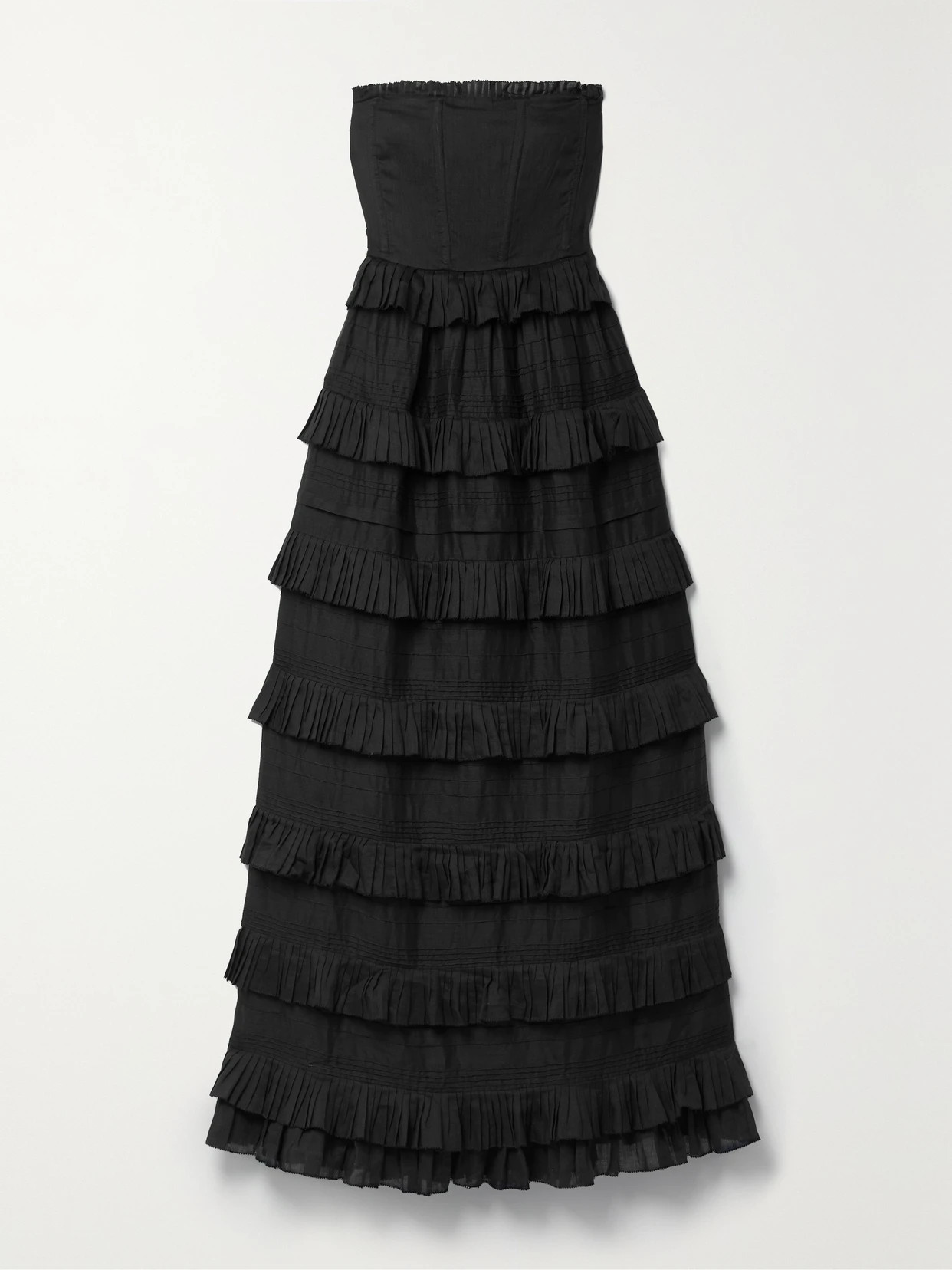 DÔEN - Operetta Strapless Ruffled Tiered Ramie-voile Maxi Dress - Black | NET-A-PORTER (US)