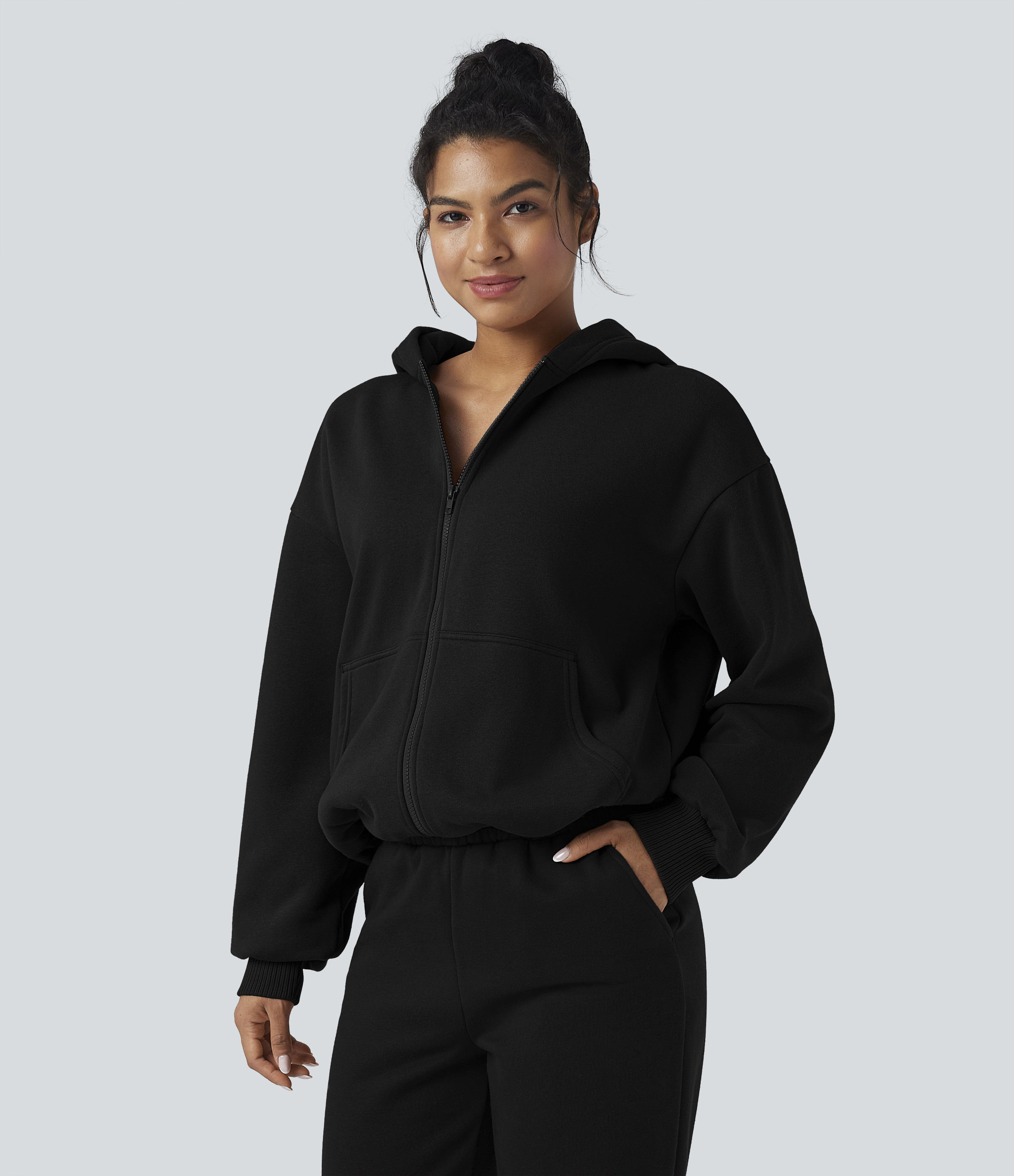 Halara Hooded Zip Fly Fleece Casual Sweatshirt with Pockets - Black - M | HALARA