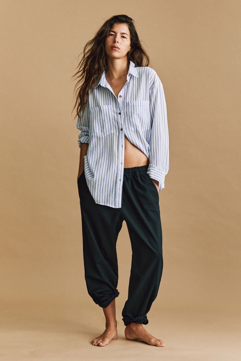 Cotton Shirt - Long sleeve - Regular length - Light blue/striped - Ladies | H&M US | H&M (US + CA)