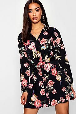 Dark Floral Tie Waist Shirt Dress | Boohoo.com (US & CA)