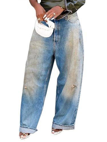 Flamingals High Waist Boyfriend Barrel Leg Jean for Women Casual Wash Ripped Casual Boot Cut Denim Jeans Mid Blue M | Amazon (US)