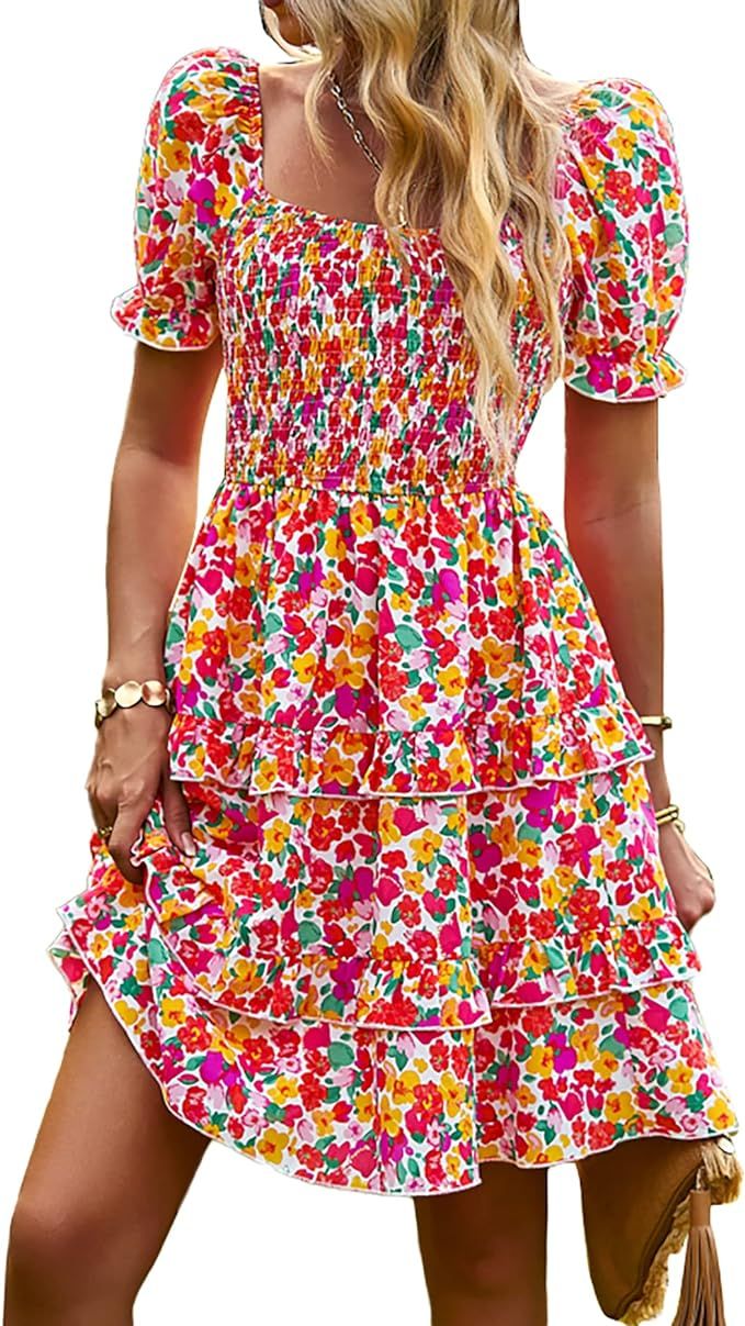 KIRUNDO Women's 2024 Summer Square Neck Smocked Floral Dress Boho Off Shoulder Ruffle Tiered Flow... | Amazon (US)